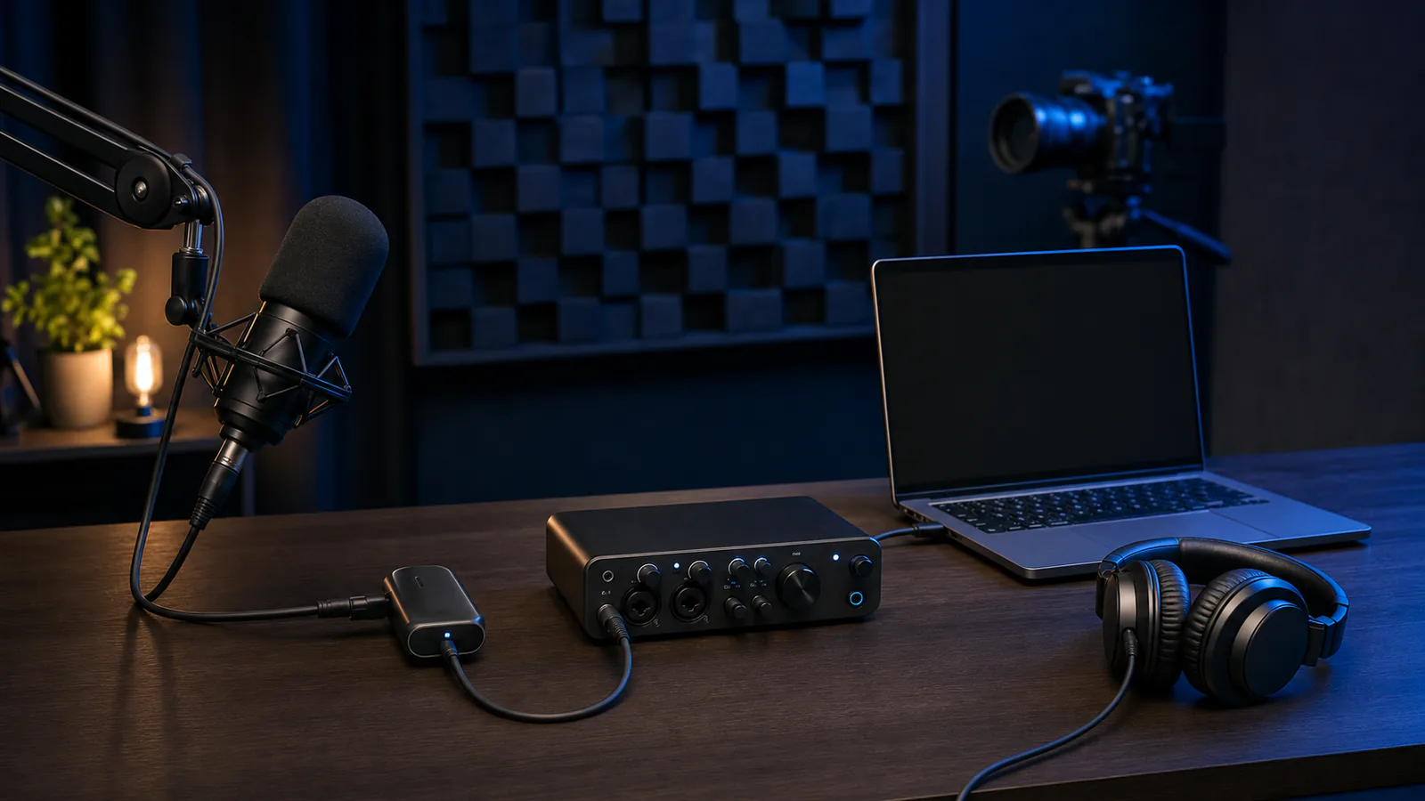 Microphone, signal adapter, audio interface, laptop and monitoring headphones connected across a creator desk