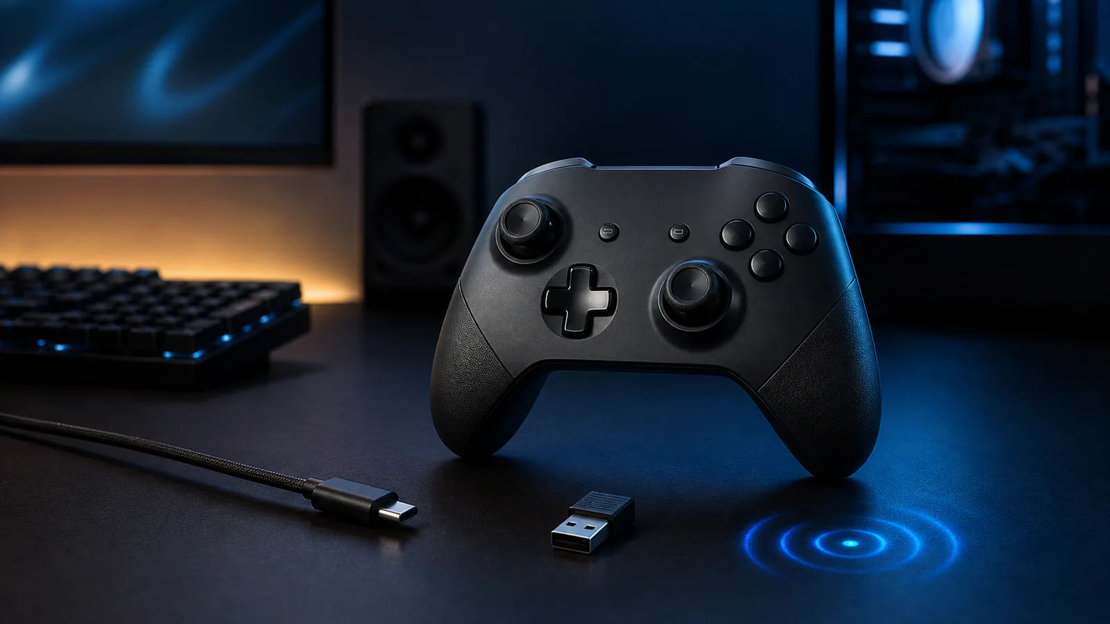 Game controller arranged with a USB-C cable, wireless receiver and radio connection cue