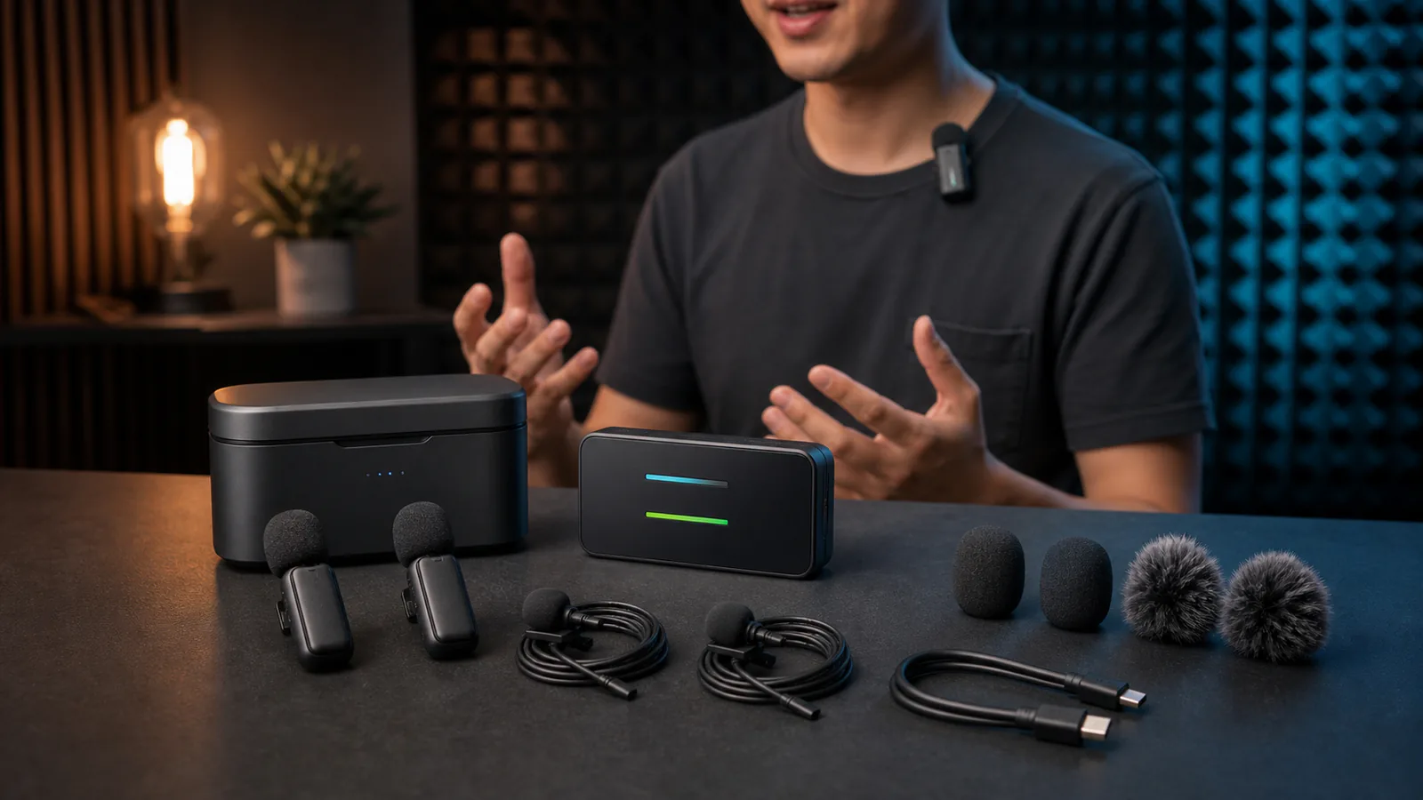 Wireless microphone transmitters, receiver, lavaliers, charging case and wind protection