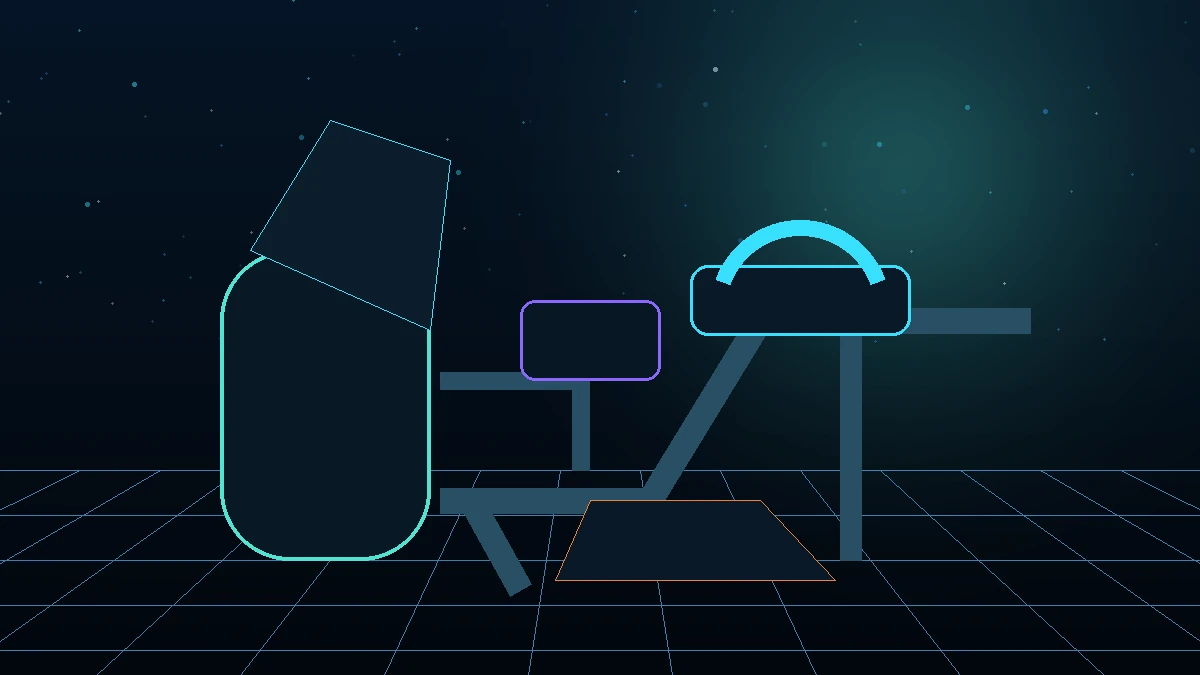 Custom neon side-view illustration of a modular flight-simulation cockpit