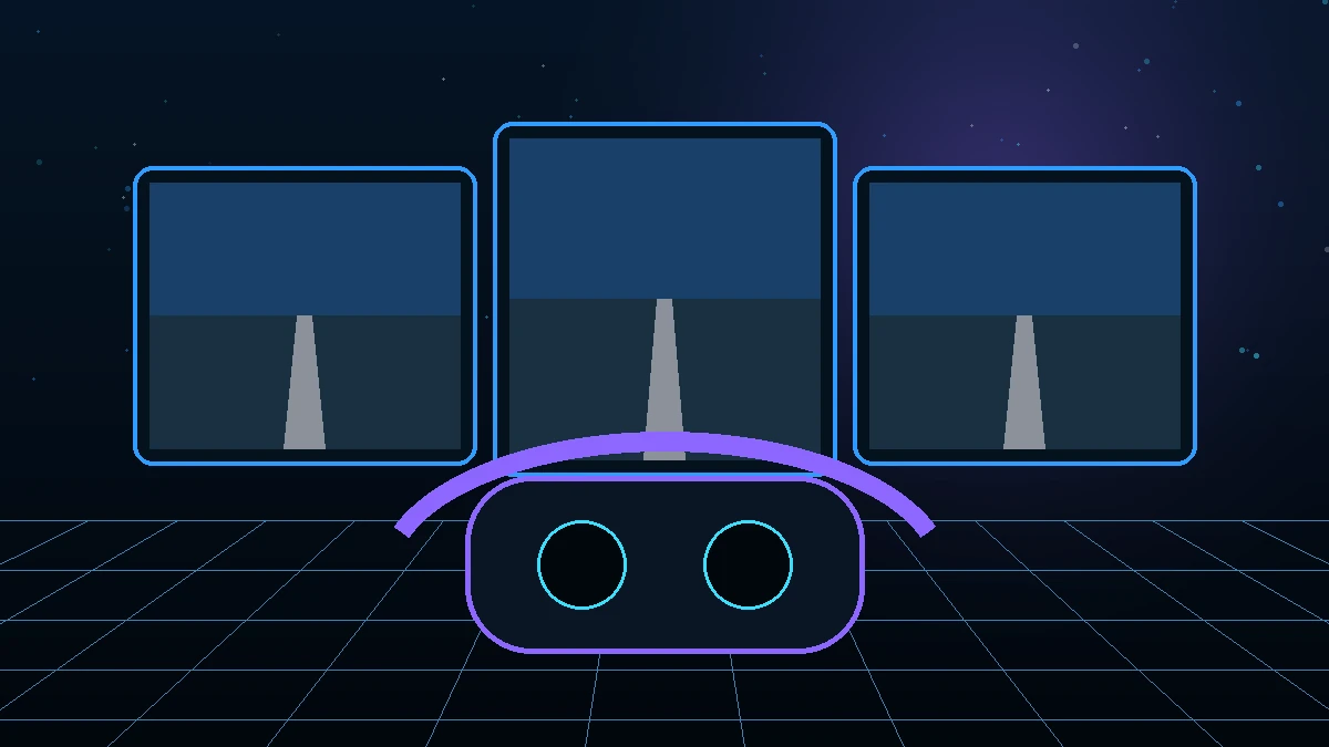 Custom neon illustration of triple flight-sim displays and a VR headset