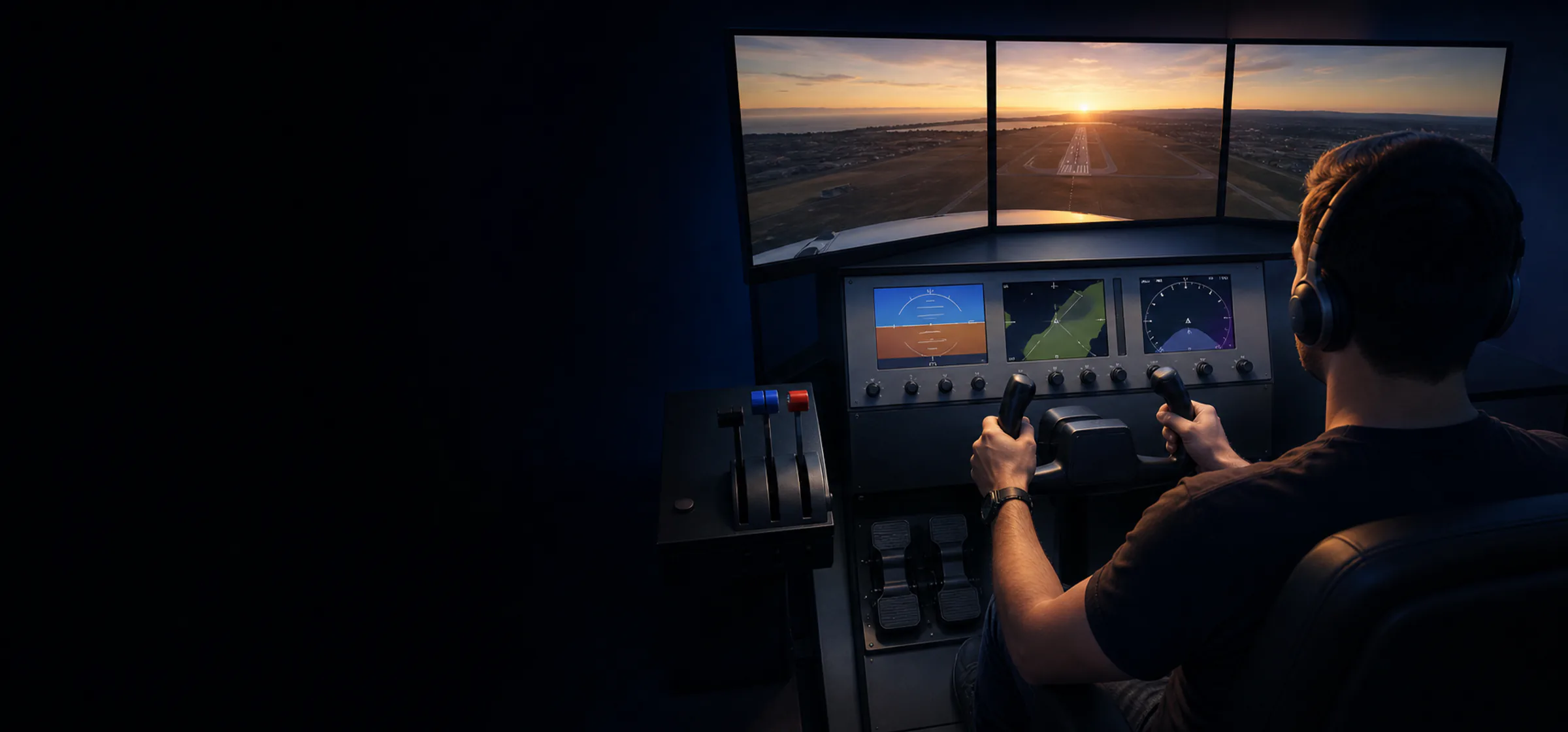 Virtual pilot flying from a home cockpit with primary controls, throttle, panels and multiple displays