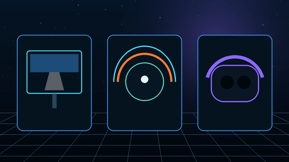 Custom illustration of triple monitors and a VR headset