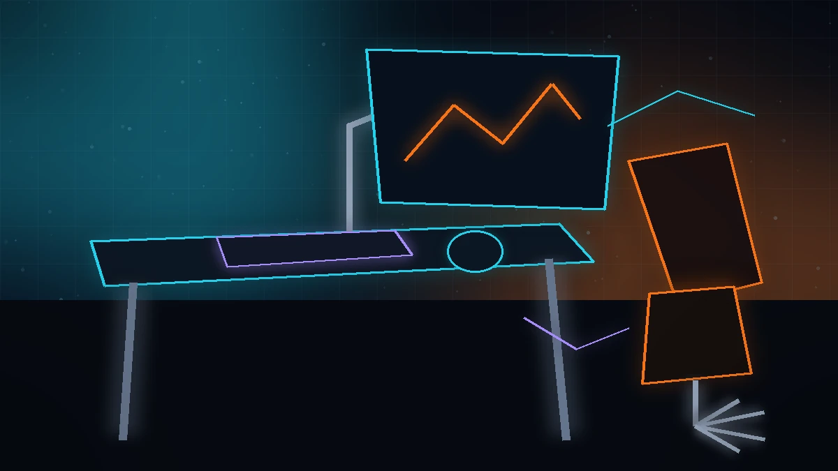 Neon illustration of an ergonomic gaming desk, monitor arm and adjustable chair