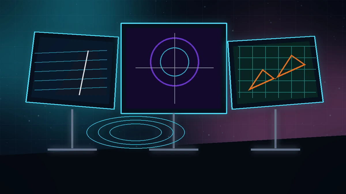 Neon illustration of three gaming monitors showing different motion and image scenarios