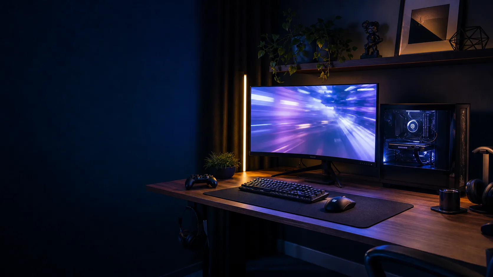 Gaming PC, monitor, keyboard, controller and desk setup in a home room