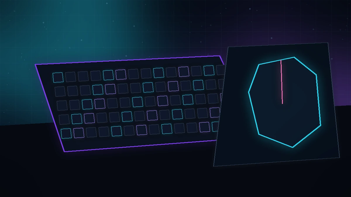 Neon illustration of a mechanical keyboard and gaming mouse on a dark desk