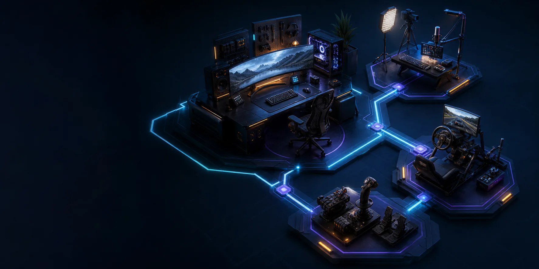Connected gaming, creator, sim-racing and flight-simulation setup worlds