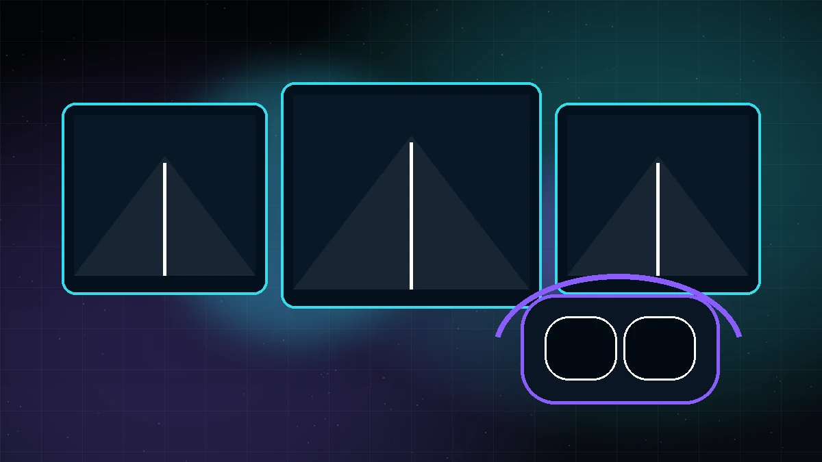 Custom illustration of a triple-monitor sim-racing setup with a VR headset