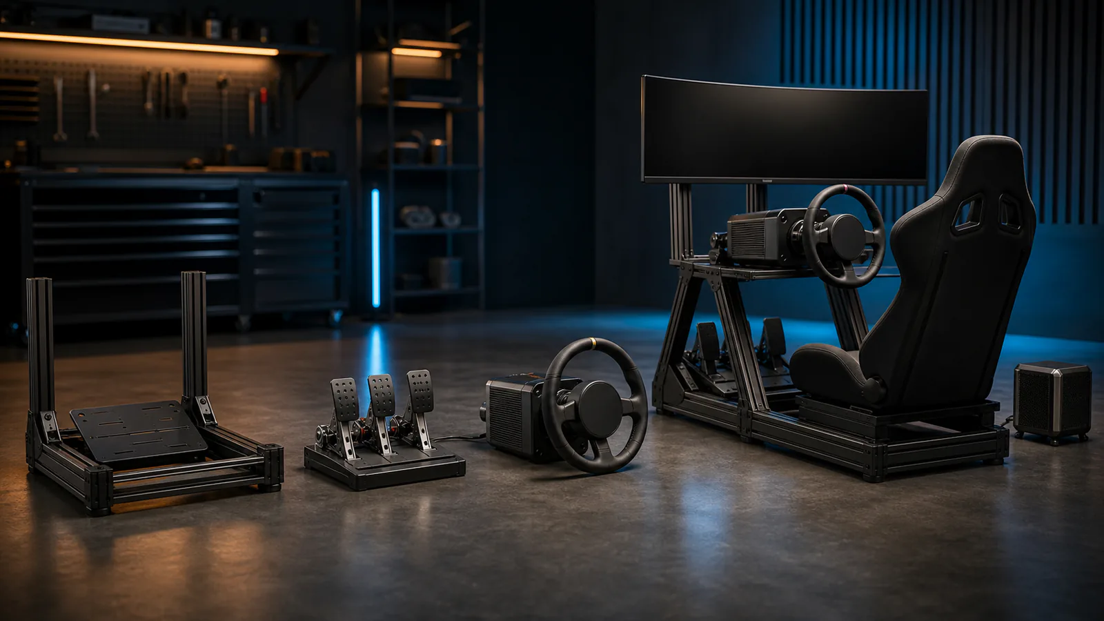 Sim-racing hardware arranged from rigid frame and pedals to a complete cockpit
